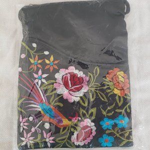 Satin Floral Peacock Embroidered Crossbody NWT